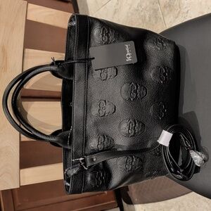 IOpelle Italia Black Leather Embossed Skull Tote With Crossbody Strap